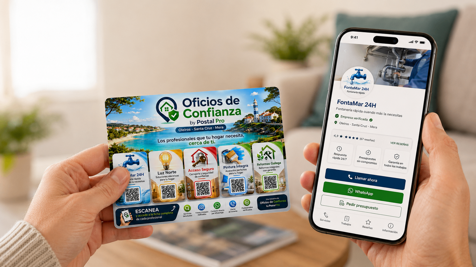 Guía física de Oficios de Confianza junto a ficha digital en móvil